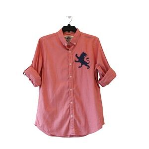 Express Y2K Lion Crest Button Down Shirt Pink Preppy Graphic Mens L Collegiate
